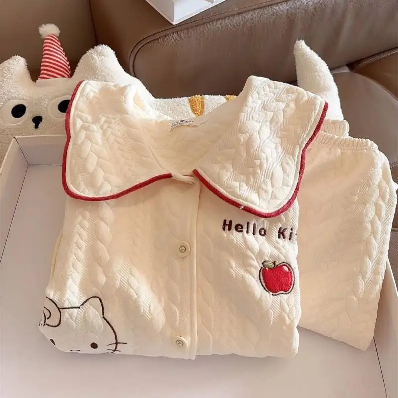 

Женский пижамный комплект Sanrio Hello Kitty, одежда для сна, с длинными рукавами, с воздушной хлопковой подкладкой, теплая, милая домашняя одежда, одежда для отдыха, осень-зима, новинка