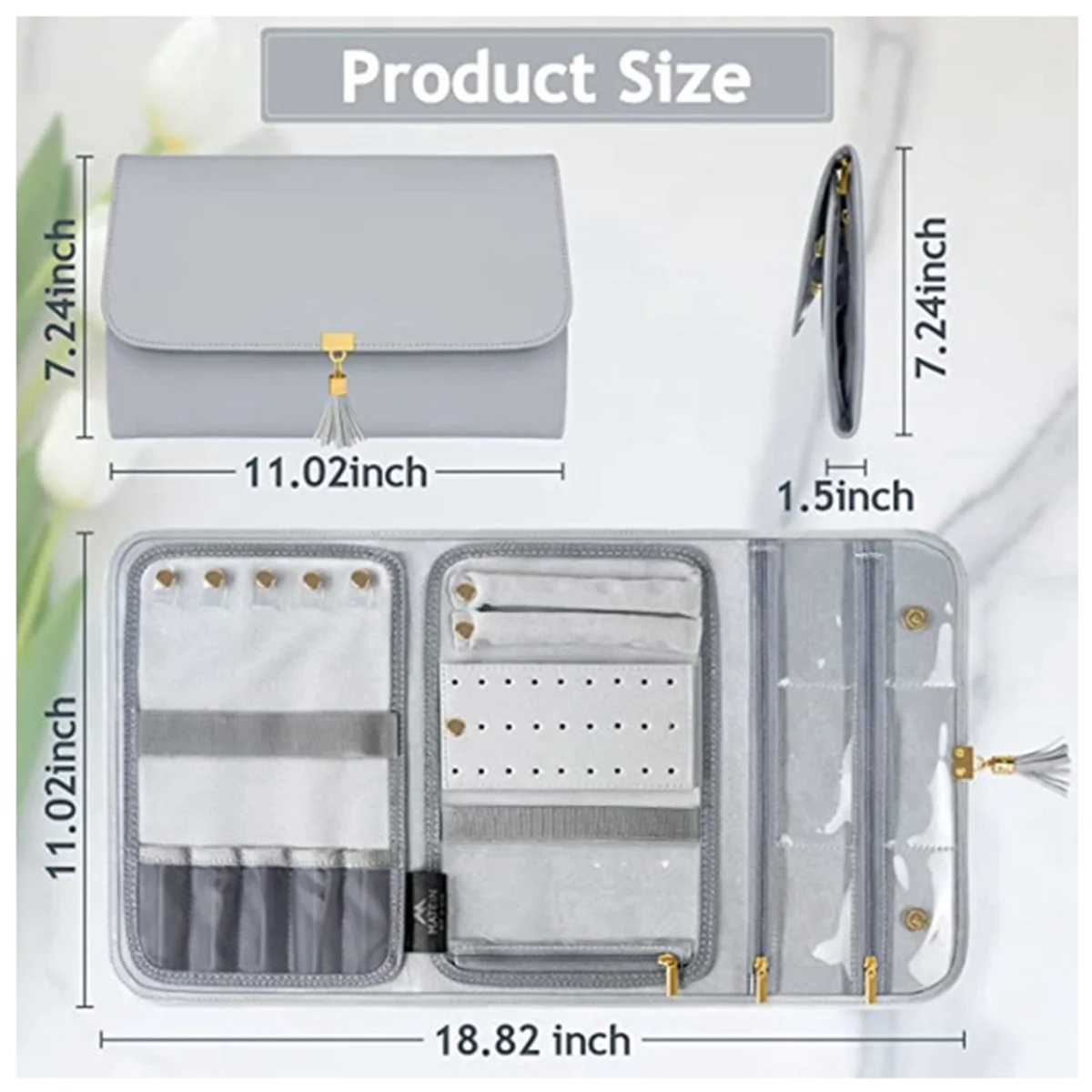 

A50P-Travel Jewelry Organizer Case, Foldable Waterproof Jewelry Roll, Women Jewelry Bag for Earrings, Rings,