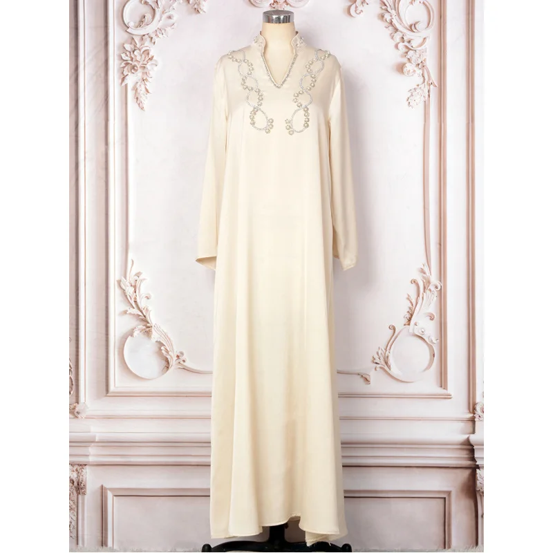 

Djellaba Women's Dress Turkey Dubai Solid Color Heavy Industry Beads Long Dress Abaya