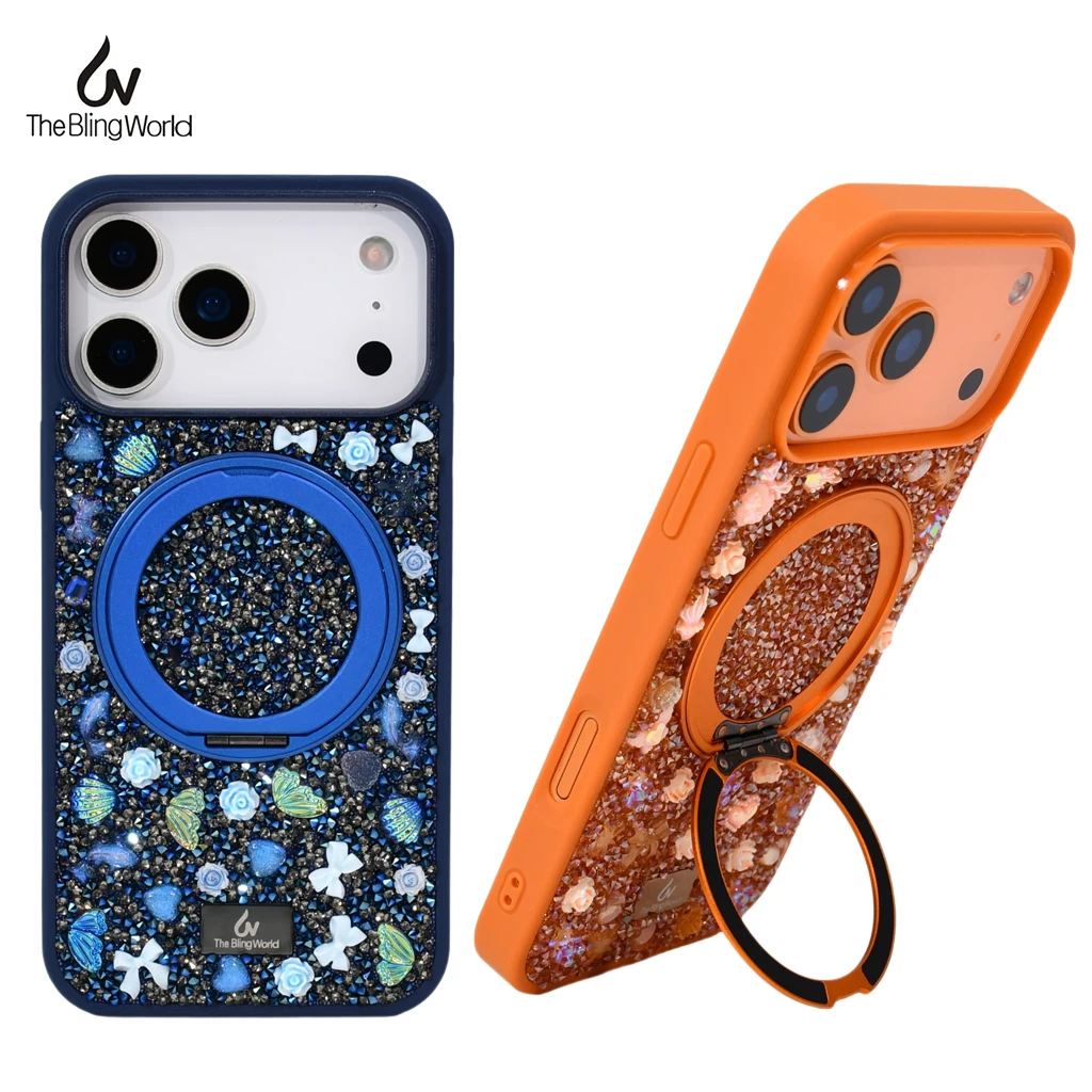 

The Bling World Luxury Diamond Crystal Case for iPhone 17 Air 16 15 14 Pro Max Plus MagSafe 3D Bow Jewelry Magnetic Stand Cover