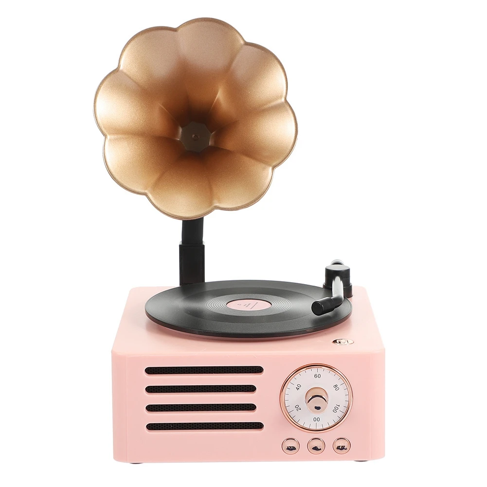 Retro Vinyl Recorder Wireless Bluetooth Speaker Portable Phonograph Stereo Subwoofer FM Radio TF Music Player-Pink