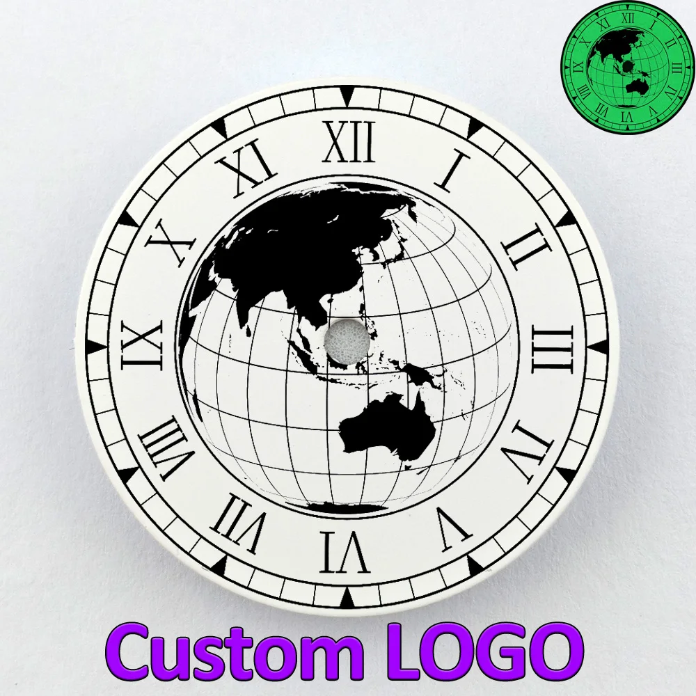 28.5mm NH35 Dial World Map Globe Dial Roman Numerals Green Luminous Dial Watch Accessories Fits NH35/NH36 Movement Custom Logo