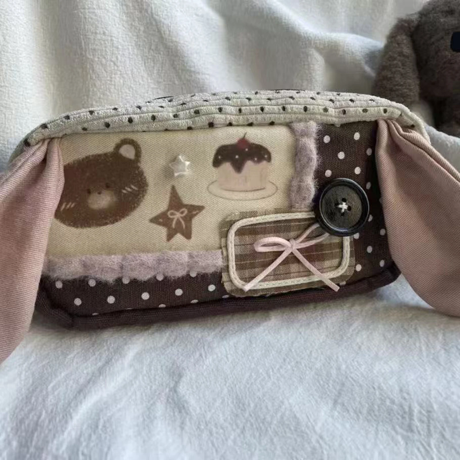 Cute Bunny Ear Pencil Case Large Capacity Multiple Layers Pen Bags Vintage Polka Dot Designs Stationery Organizer For Students