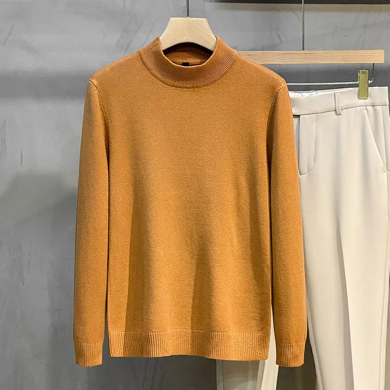 2023 New Autumn and Winter Fashion Trend Men's Simple and Versatile Half High Neck Knit with Underlay Men's Solid Sweater