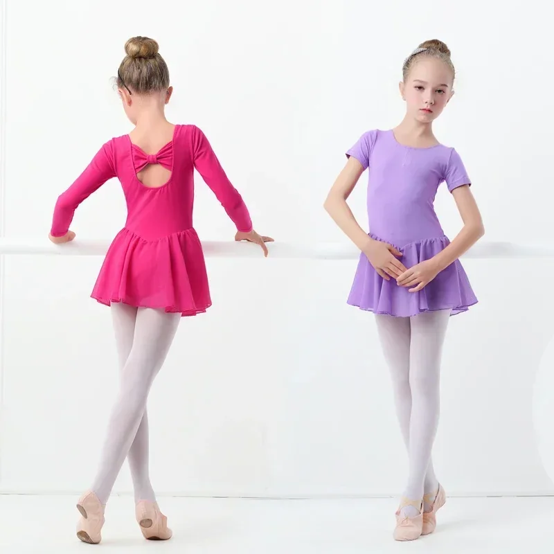 Vestido de balé ginástica collants para meninas crianças manga curta ballet dancewear saias chiffon crianças bowknot dança collants