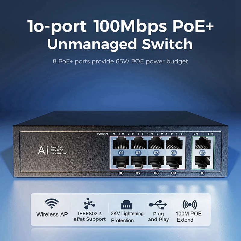 AIAI POE Switch 100Mbps Ethernet Switch POE Splitter IEEE 802.3Af/At untuk Kamera IP Nirkabel AP Wifi Router US Plug