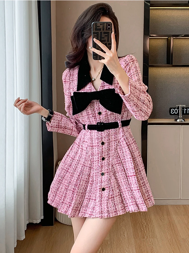 

High Quality Pink Tweed Short Dresses For Women Autumn Winter Bowknot Temperament V Neck Pleated Office Mini Dress