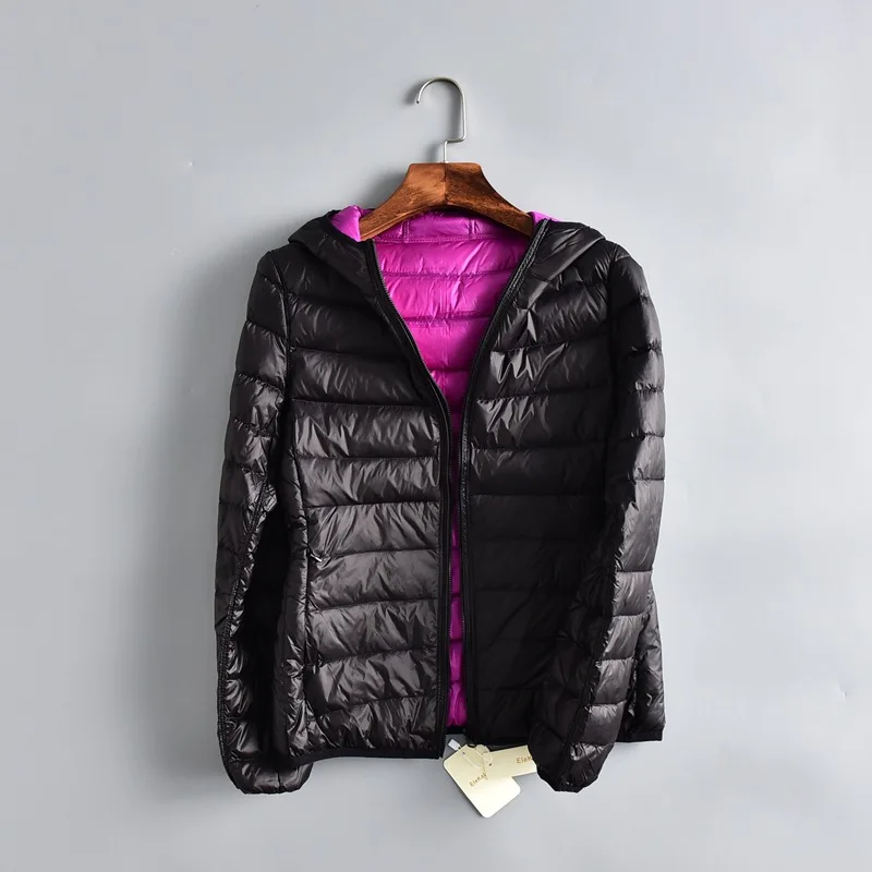 

Light Hooded Short Feather Jacket Women Windproof Sleeve Down Coat Double Sided Splicing Colour Outwear Mujer De Doble Cara