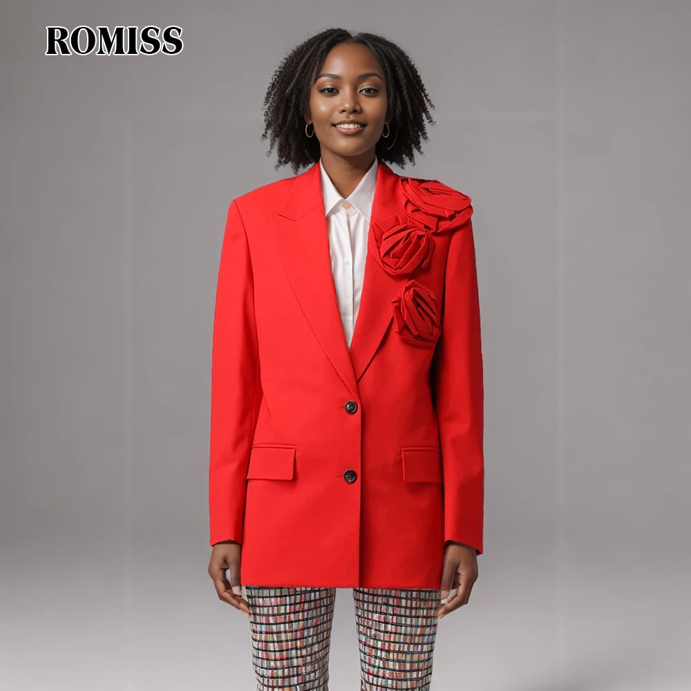 ROMISS Solid Spliced Appliques Blazer For Women Notched Collar Long Sleeve Patchwork Pocket Elegant Chic Blazers Female