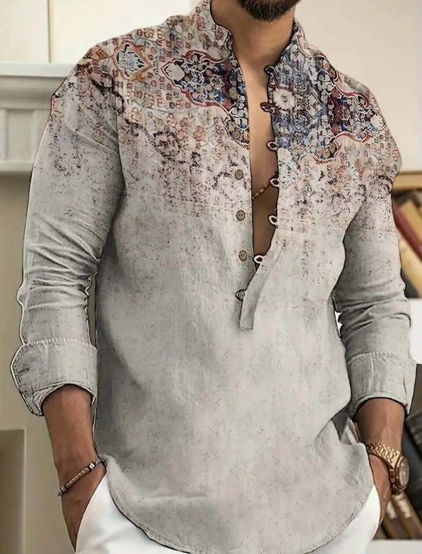 

Men's Hawaiian Shirt Long Sleeve Oversized V Neck 3D Vintage Shirt High Quality Four Seasons Large Size Clothing Multicolor