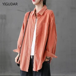 Button Up Women Corduroy Shirt Green Vintage Beautiful Blouses New Warm Winter Autumn Loose Oversized Shirt Long Sleeve Top