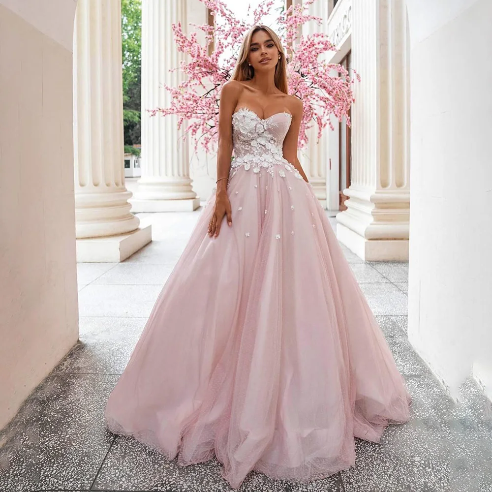 Pink Off the Shoulder Beaded Flower Accents Tulle Wedding Dress for Women Backless Court Wedding Bridal Gown robes de mariée