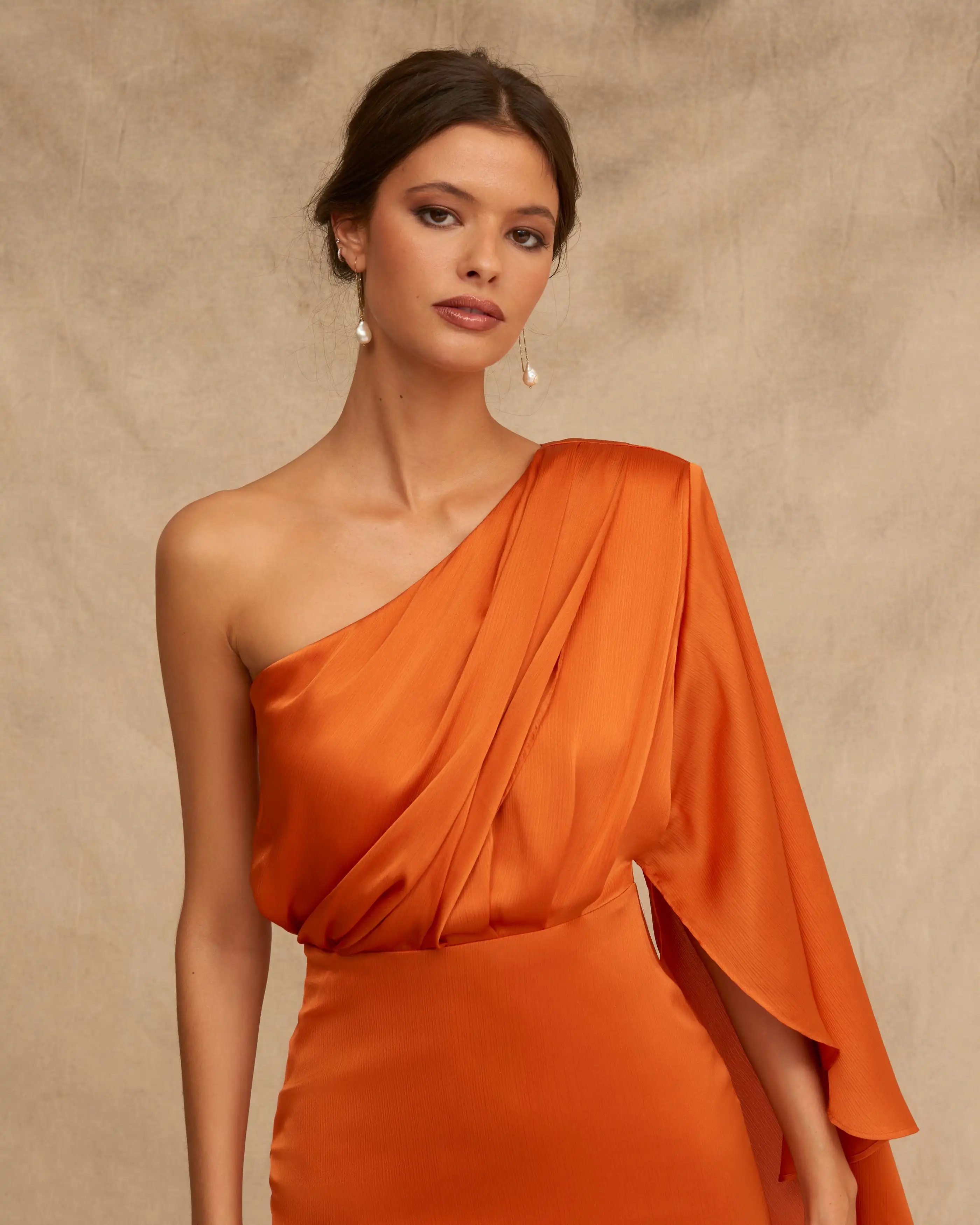 Hoepoly Satin High Slit One-Shoulder Arab Prom Gown Floor-length Saudi Mermaid Orange Formal Evening Party Dress for Women 2023