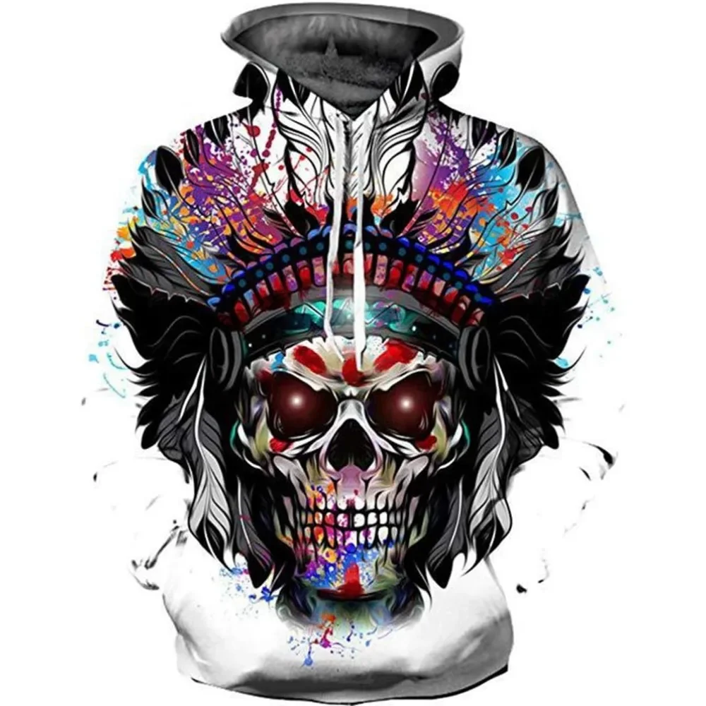 Men's Hoodie Skull  3D Print Pattern Tops Fashion Graphics Long Sleeve Hoodie Men Oversized Streetwear Tops Tees