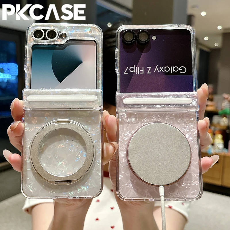 PKCASE Sea Shell Patterned Dual Axis Magnetic Transparent Case For Samsung Galaxy Z Flip 7 FE 6 5 Shockproof Ring Bracket Cover