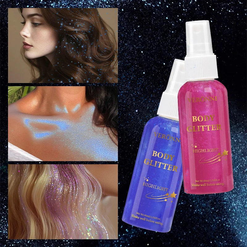 Glänzendes Glitzerspray, strahlendes Silber-Glitzerspray für Haare und Körper, sofortiges holografisches Highlight, funkelndes Schimmer-Make-up für Partys