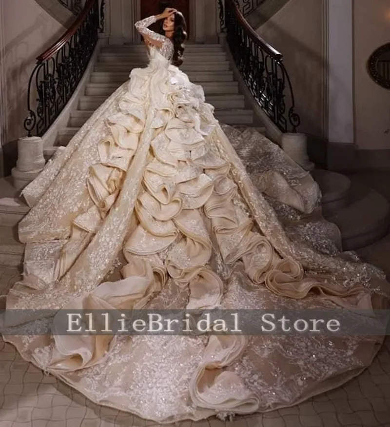 Arabic Champagne Wedding Dresses Long Sleeve Pearls Ruffles Lace Bridal Gowns Sheer Neck Ruffles vestidos de novia Customized