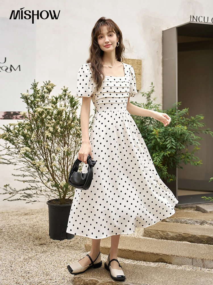 

MISHOW Square Neck Dot Dress for Wome Summer 2023 French Elegant A-LINE Retro Puff Sleeve Female Party Midi Dresses MXC38L1401