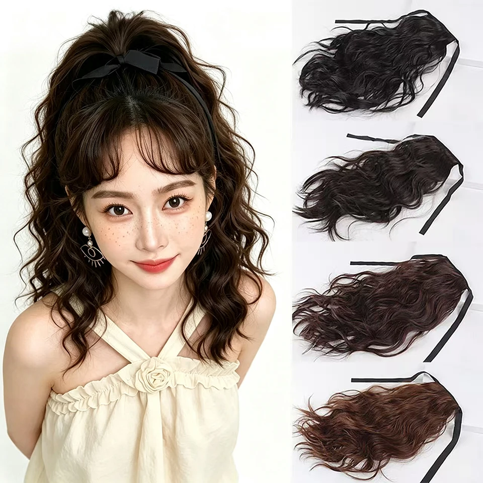 Synthetic Short Curly Ponytail Drawstring Around Ponytail Black Brown Hairpiece for Daily Party Halloween Christmas Festival