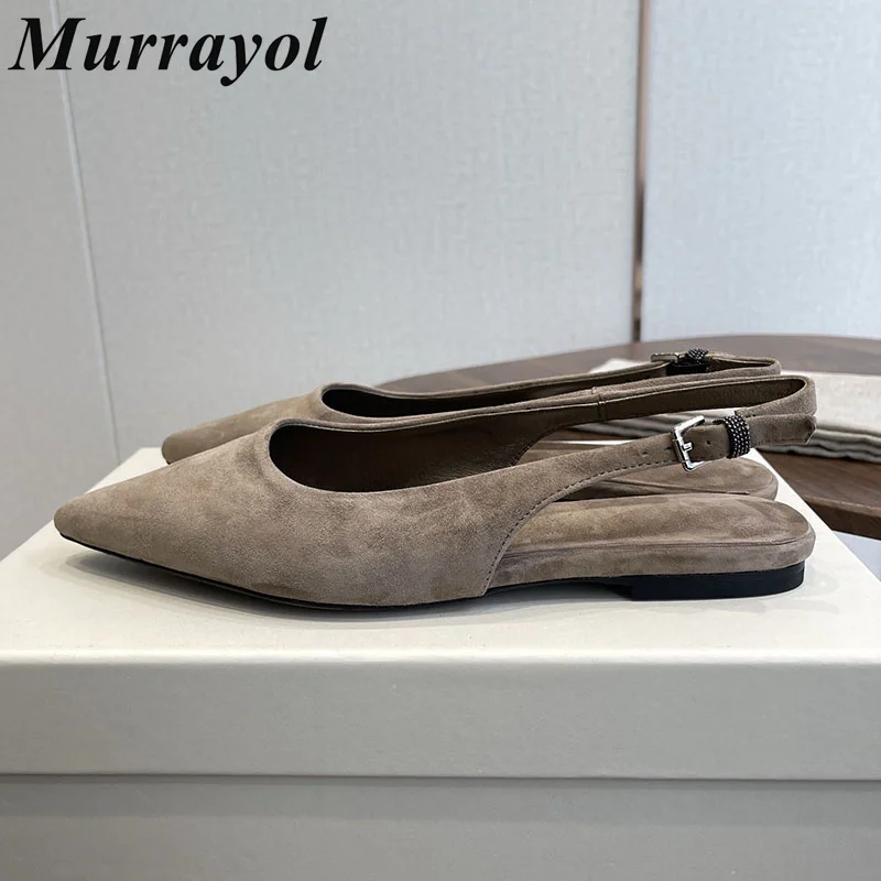 Lazy Mules Flat Bottom Sandals Pointed Toe Suede Women Shallow Mouth Back Strap Sandalias Spring Summer Outdoor Vacation Shoes
