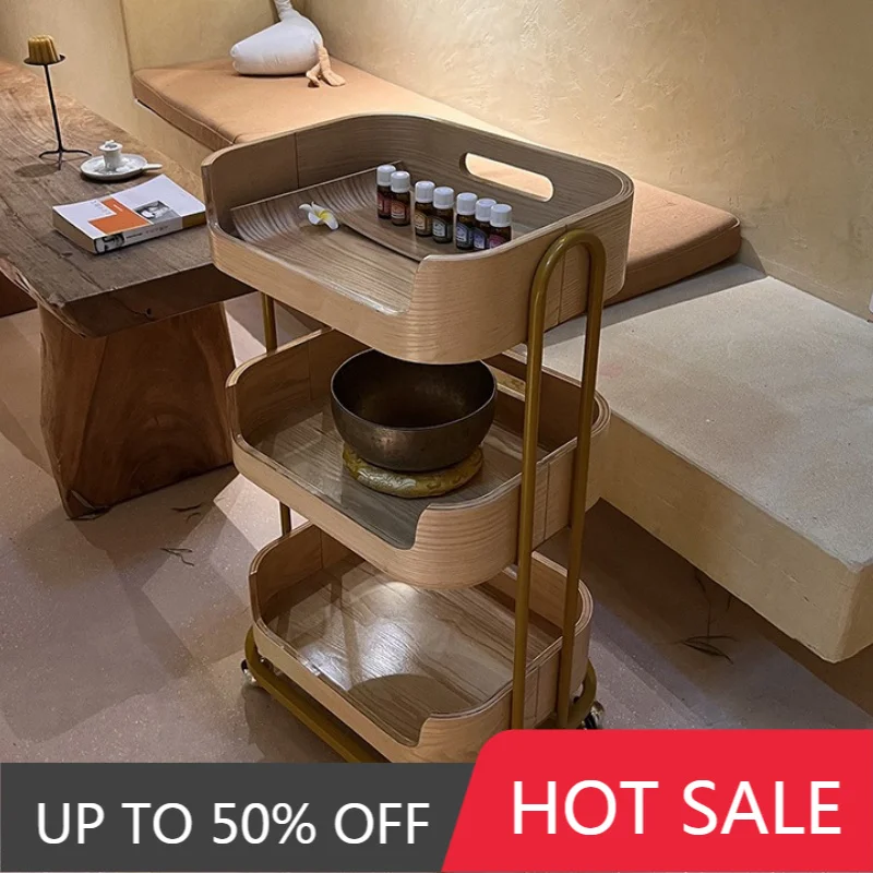 Solid Wood Organizer Cart With Wheels Removable Landed Storage Rack Aesthetic Simple Auxiliary Cart Beauty Salon Home Shelf