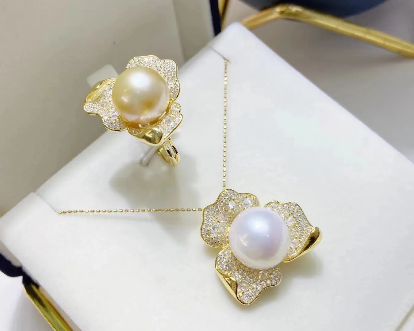 

New Pearl AAAA10-11mm Natural South Sea Round Pearl Pendant 18inch+Open Ring Two Piece Set 925s