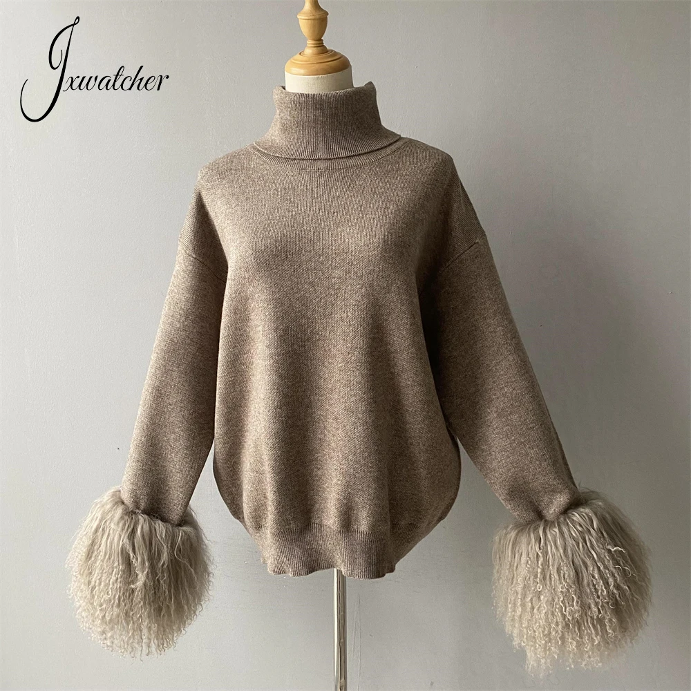 Jxwatcher Women\'s Sweater Set with Real Mongolian Sheep Fur Cuff Ladies Turtleneck Knit Pullover and Pants 2 Piece Stes 2024 New