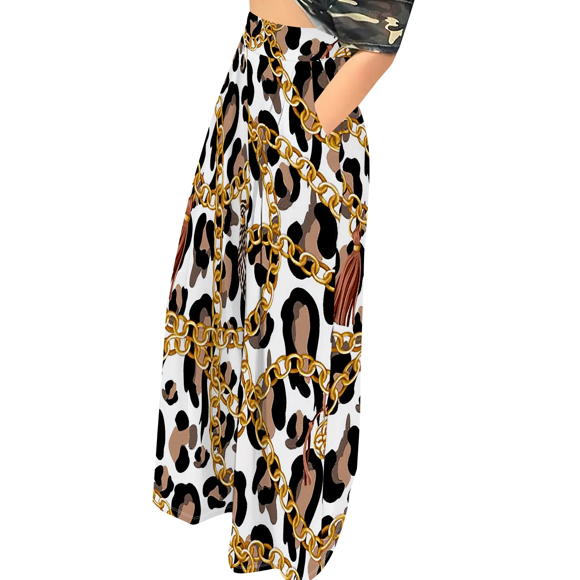 High Waist Wide Leg Pants, Gold Chain Leopard Print Trousers, Pocket Casual Palazzo Pants, Fashion Streetwear for Women, S-2XL