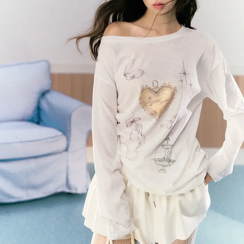 

Summer New Korean Edition Thin Shoulder Long Sleeve T-shirt Women's Sunscreen Cover Retro Loose Top