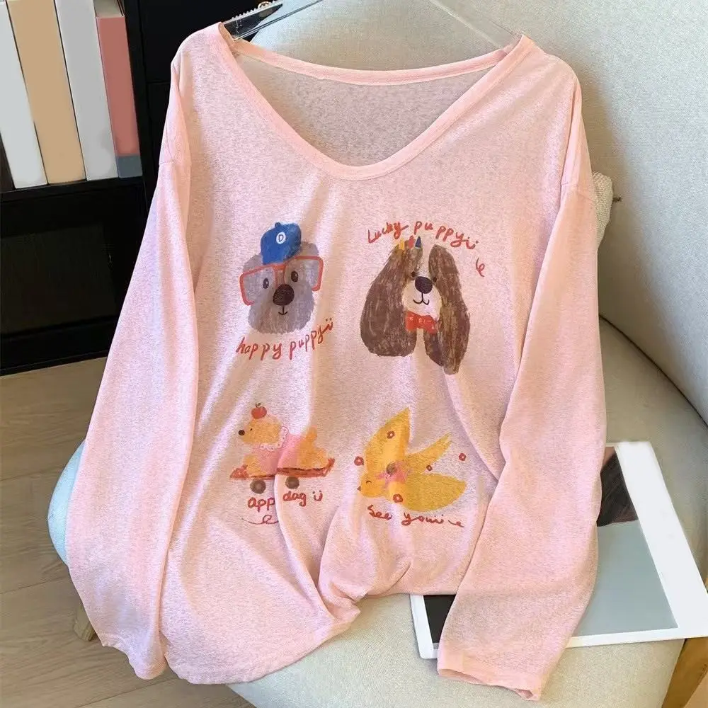 

Thin Dog Print Graphic T-shirt Sunscreen Loose Cartoon Animal Long Sleeved Top Elastic Ins Round Neck Oversized T-shirt Women