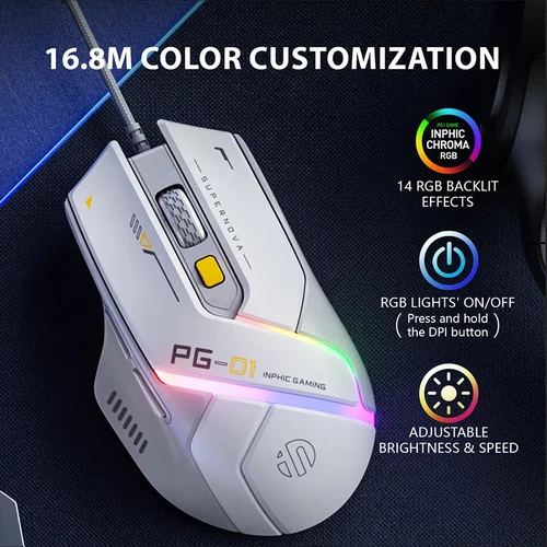 Ratón para juegos por cable Inphic PG1, efecto de iluminación RGB, ratón ergonómico para el hogar y la Oficina para ordenador de escritorio y portátil