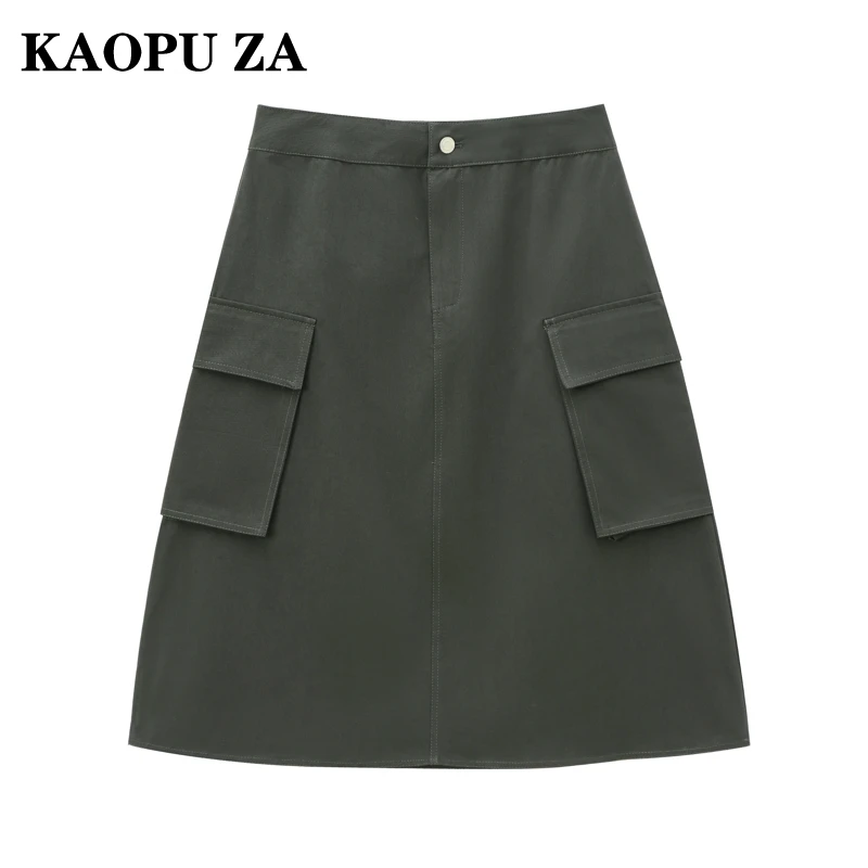 KAOPU ZA 2024 Autumn Female Chic Button Imitation Leather Leather Skirt Midi Skirt Classic Woman's Ruffles Regular Fit Pockets