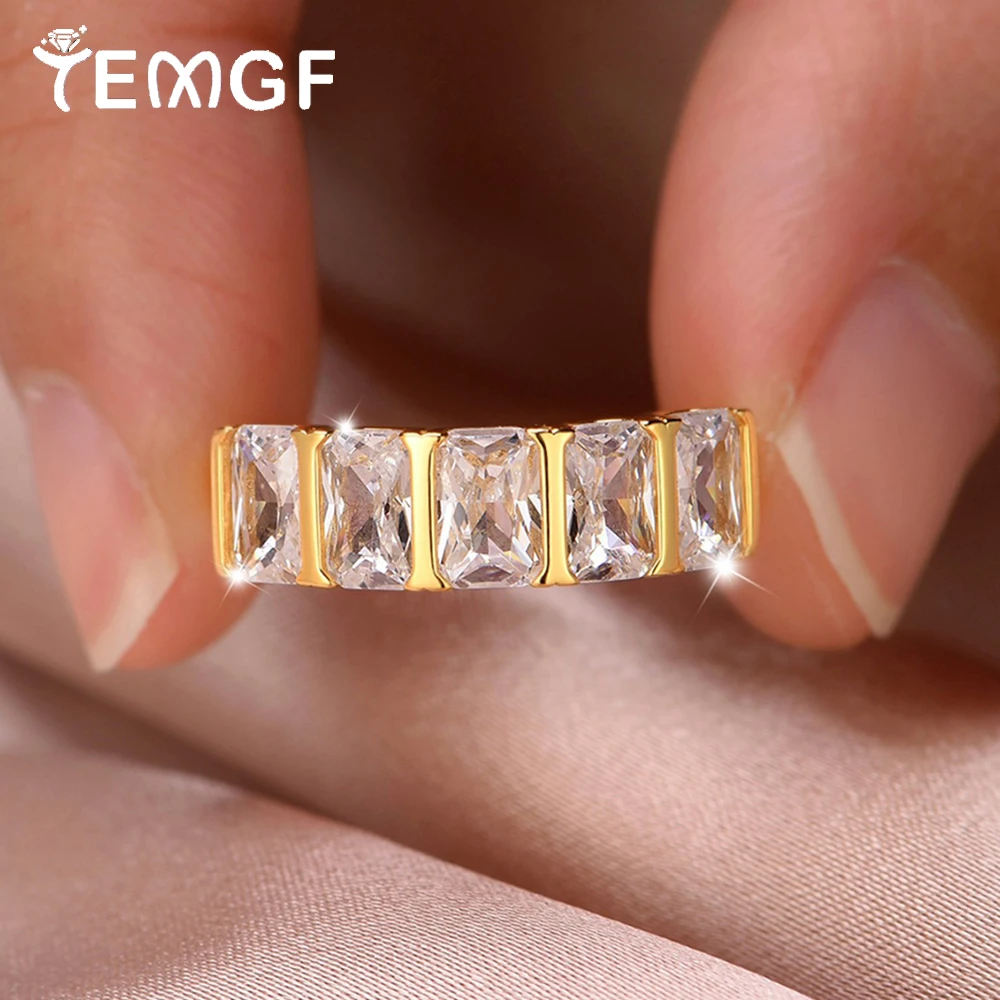 

TEMGF 4*6mm Emerald Cut Moissanite Ring 925 Silver 18K Gold Plated Eternity Band for Women Luxury Jewelry Gifts With Certificate