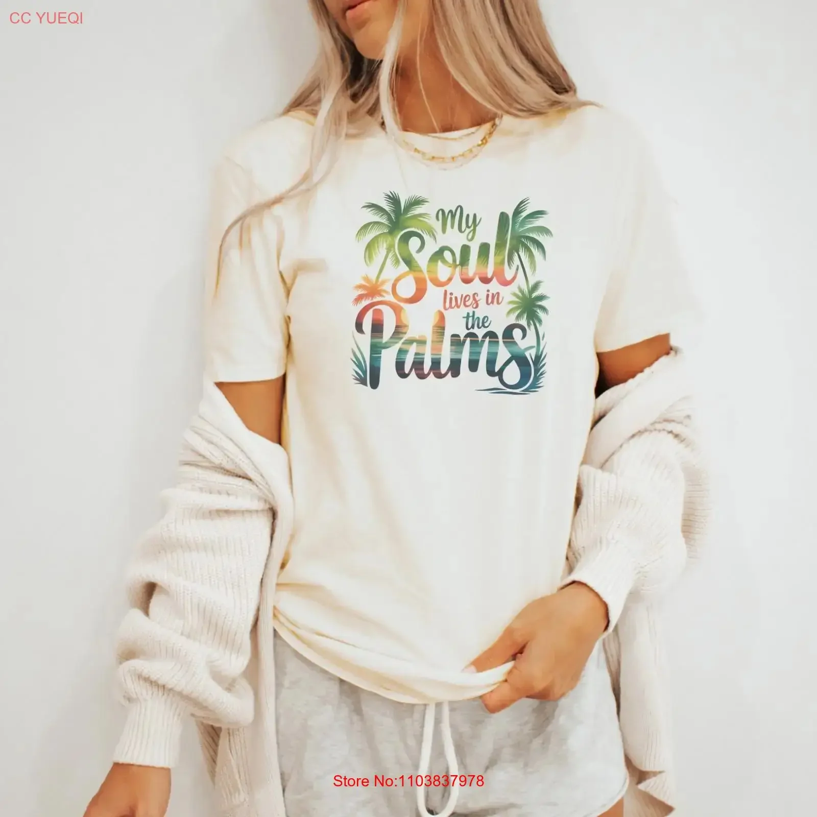 T-shirt Soul Lives In The Palms, motif palmier, plage, été, confortable, vintage, délavé, pour un usage quotidien, polyvalent, légèrement doux