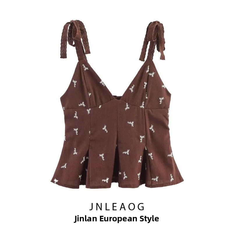 

JNLEAOG Spring New Women's Faion ort Skirt Sle Embroidered Top 0880 European Sle Linen Polyester Fiber Vest