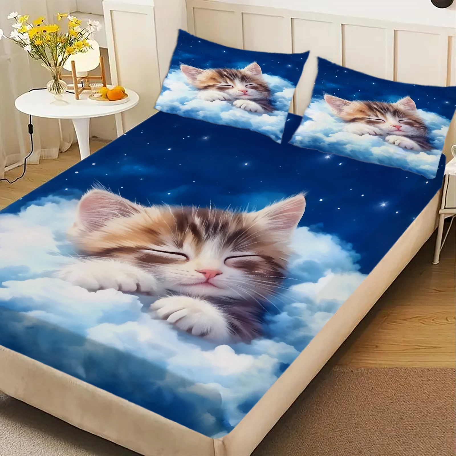 1 Simple Modern Cute Cat Printed Matte Fitted Sheet, Bedroom Printed Bed Cover, Bedding (Excluding Pillowcases)