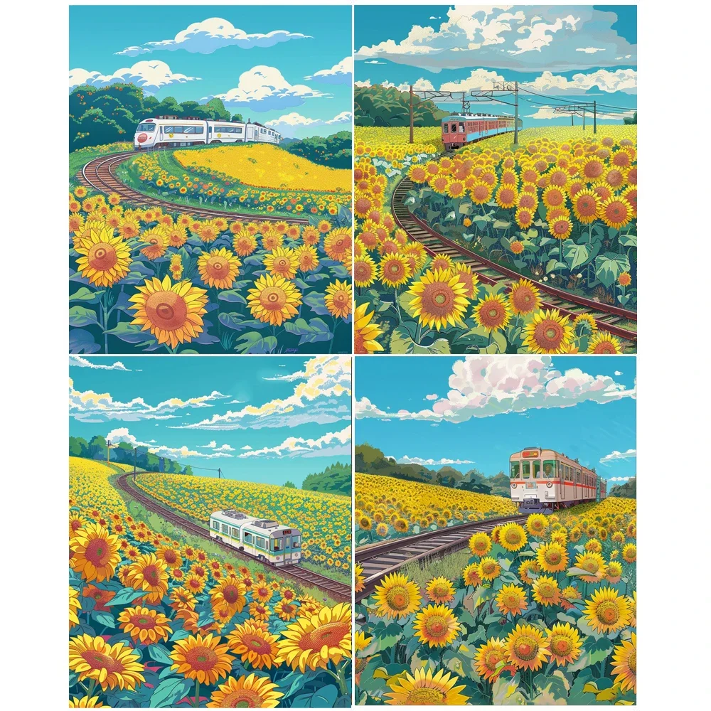 

Painting By Numbers The Train Is In The Sunflower Field Landscape Adult Kit DIY Acrylic Paint Canva Artwork Gift Home Decorate