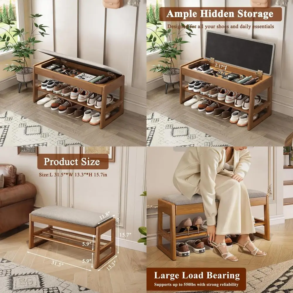 

Cotton-Linen Cushioned 2-Tier Wooden Shoe Storage Bench, 550lbs Capacity, Sleek and Compact Design for Entryways and Halls