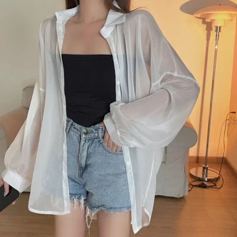 Women Shirt Long Sleeve Top Blouse Female Chiffon Loose Summer Cardigan Thin Sexy Solid Color Casual Shirt Outerwear Прозрачная