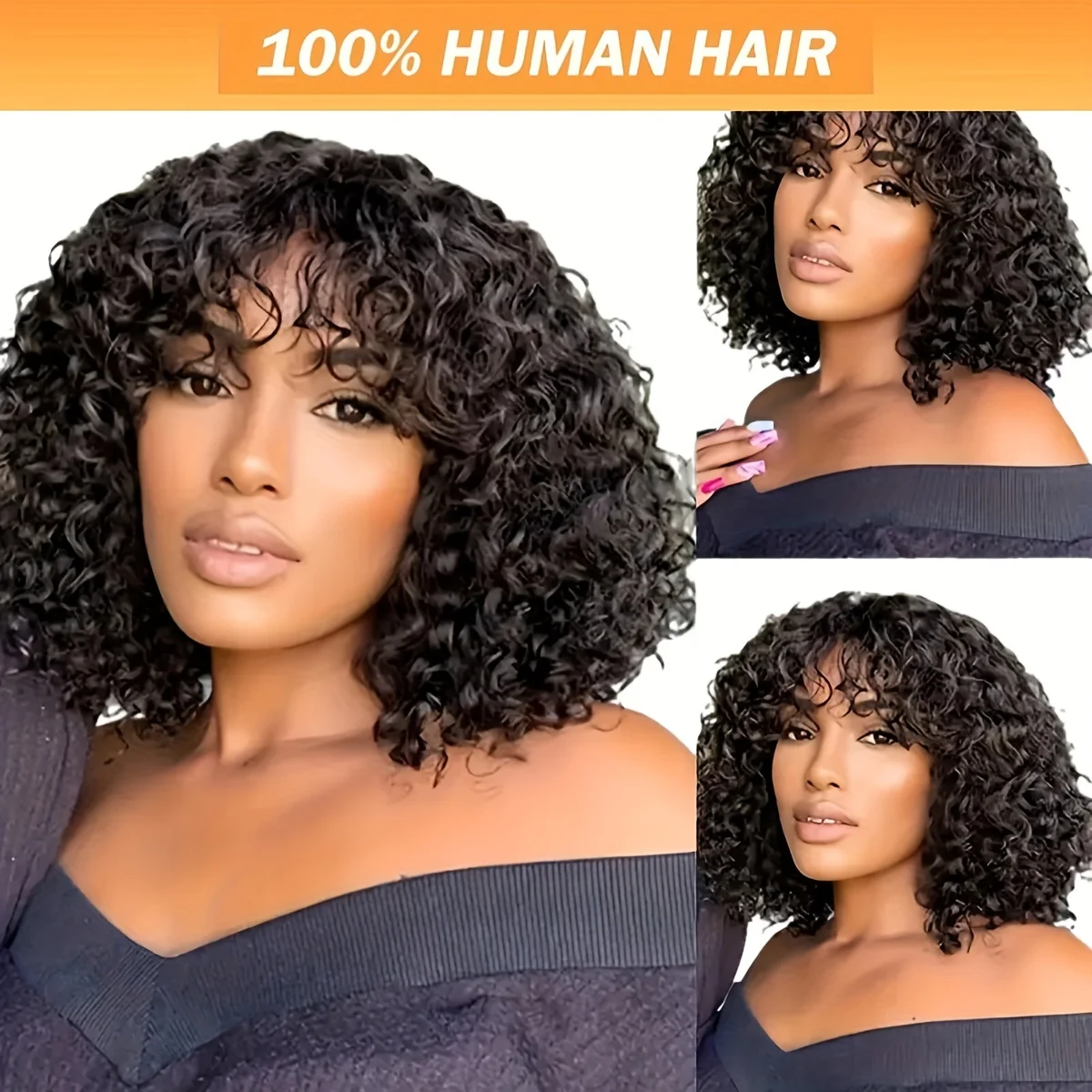 

Kinky Curly Bob Human Hair Wigs With Bangs Pre Bleached Full Machine Made For Beginners 180%Density 100% Brazilian Human Hair