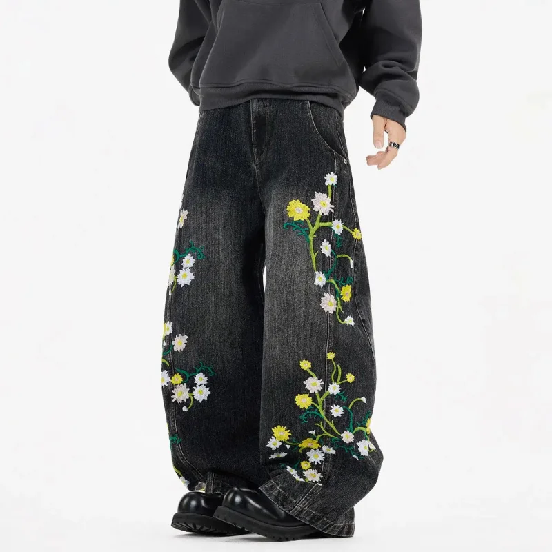 

Джинсы с цветочной вышивкой и принтом 2026 для мужчин и женщин, парный стиль, модные, ретро, винтажные, свободные, широкие штанины, в корейском стиле, повседневные