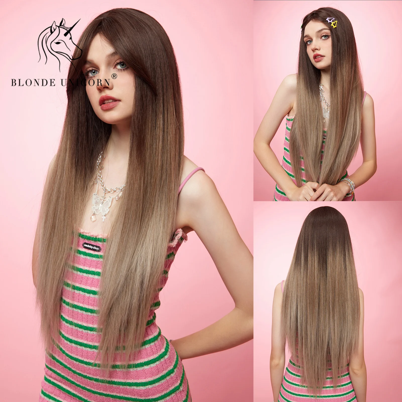 

Blonde Unicorn Synthetic Long Straight Ombre Brown Wig with Bangs Party Cosplay Daily Hair Wigs for Women Heat Resistant Fiber