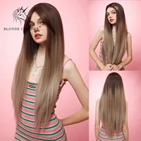Peluca rubia de unicornio sintético largo liso ombré marrón con flequillo para fiesta, Cosplay, pelucas de pelo para uso diario para mujeres, fibra resistente al calor