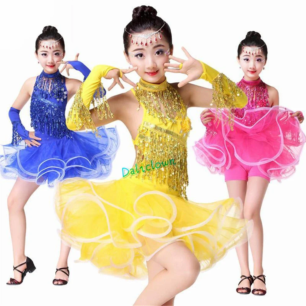 New Sale Junior Child Kids Girls Latin Dance Costume Sequin Fringe Latin Dance Dress Bachata Ballroom Tango Latin Salsa Dress