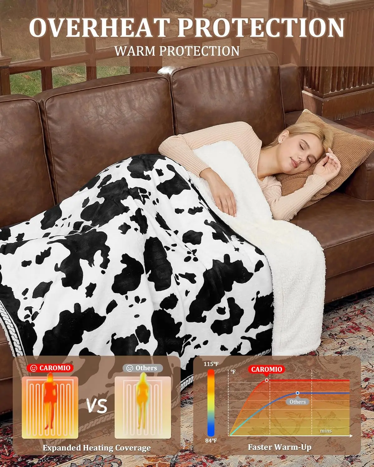 Heated Electric Blanket , Cow Print Fast Heating Blankets with LCD Controller, Heat Levels & Time Settings, Machine Washable