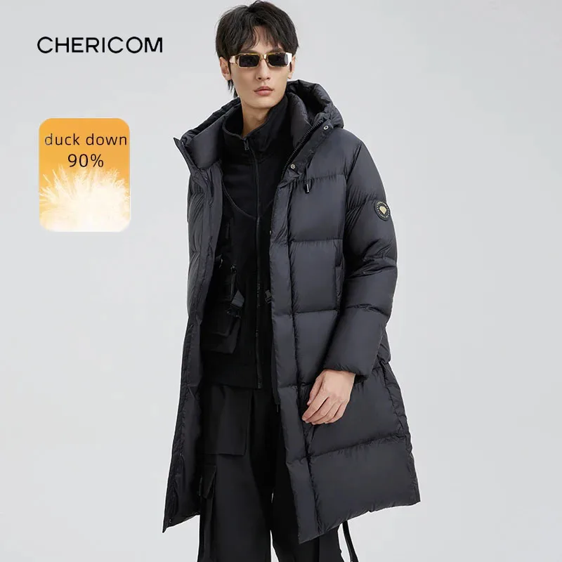 Chericom الرجال منتصف طول أسفل سترة 2025 الشتاء رشاقته مقنعين الدافئة البخاخ معاطف الأساسية موضة عادية وسادة مبطنة Y299635Y