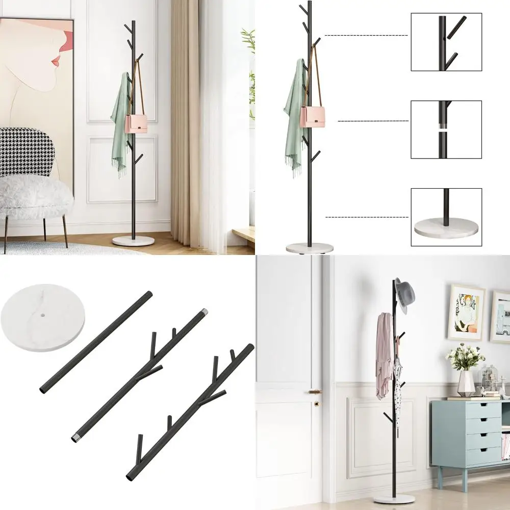 

Freestanding Black Metal Coat Rack with Hooks and Marble Base for Entryway and Cloak Hanging