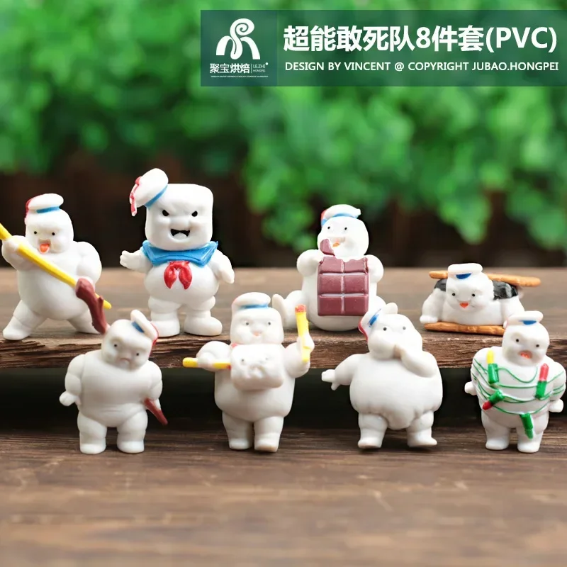 8pcs Vintage Ghostbusters 3 Green Ghost Ornaments Stay Puft Marshmallow Man Sailor Action Figure Toy Doll For Children Gift