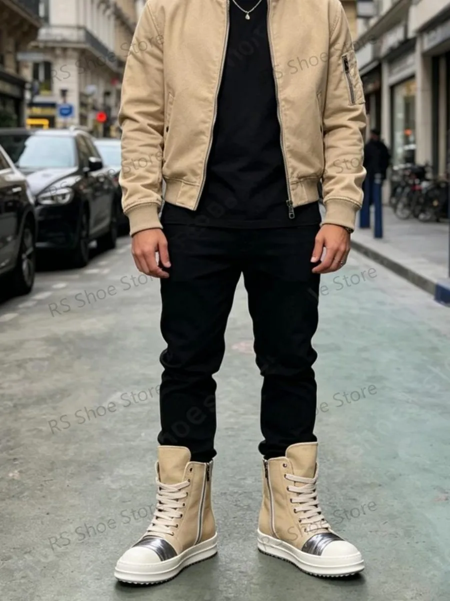 

Ro Brand Men Shoe Women Sneaker Khaki Canvas Shoes High Top Casual Sneakers Zipper Luxury Boots Flat Ankle Boot