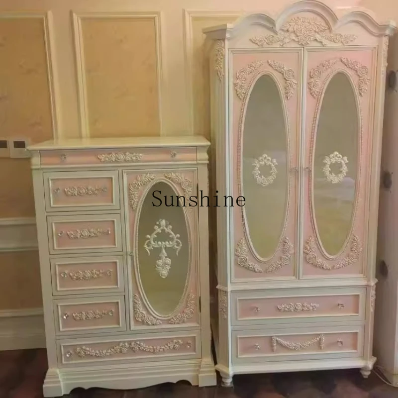 

French retro old solid wood carving flower double door children's bedroom large wardrobe storage